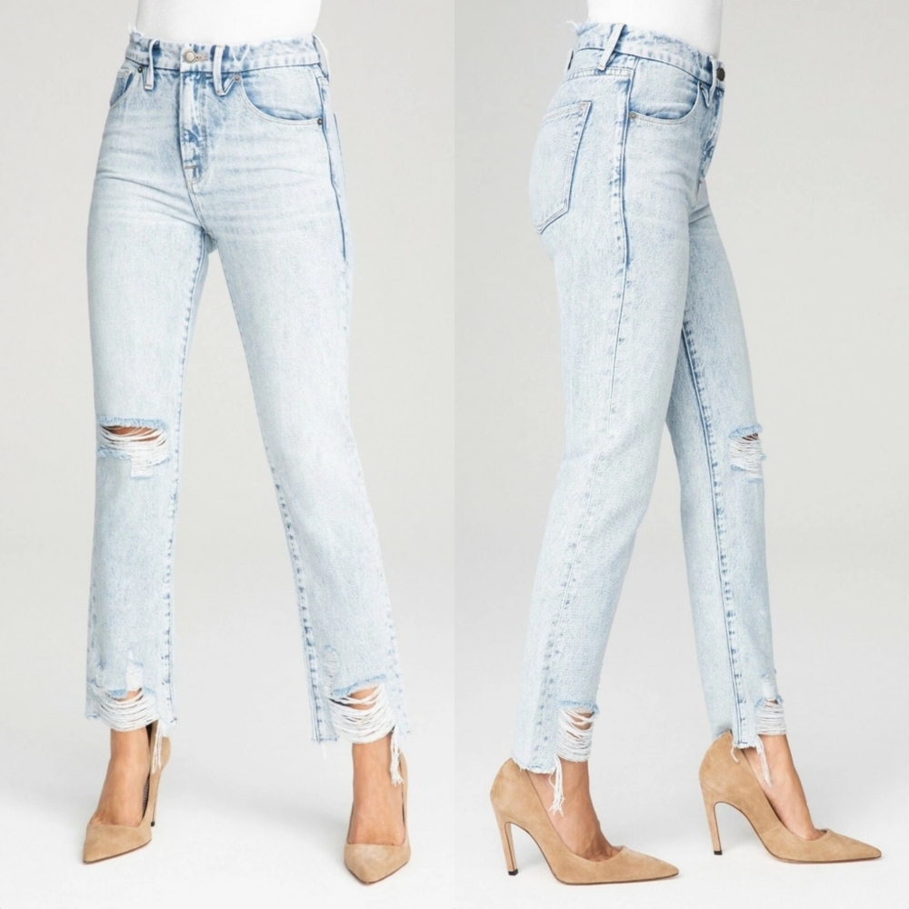 Good American Good Classic Skinnyish Fit Distressed Boyfriend Jeans Light Wash